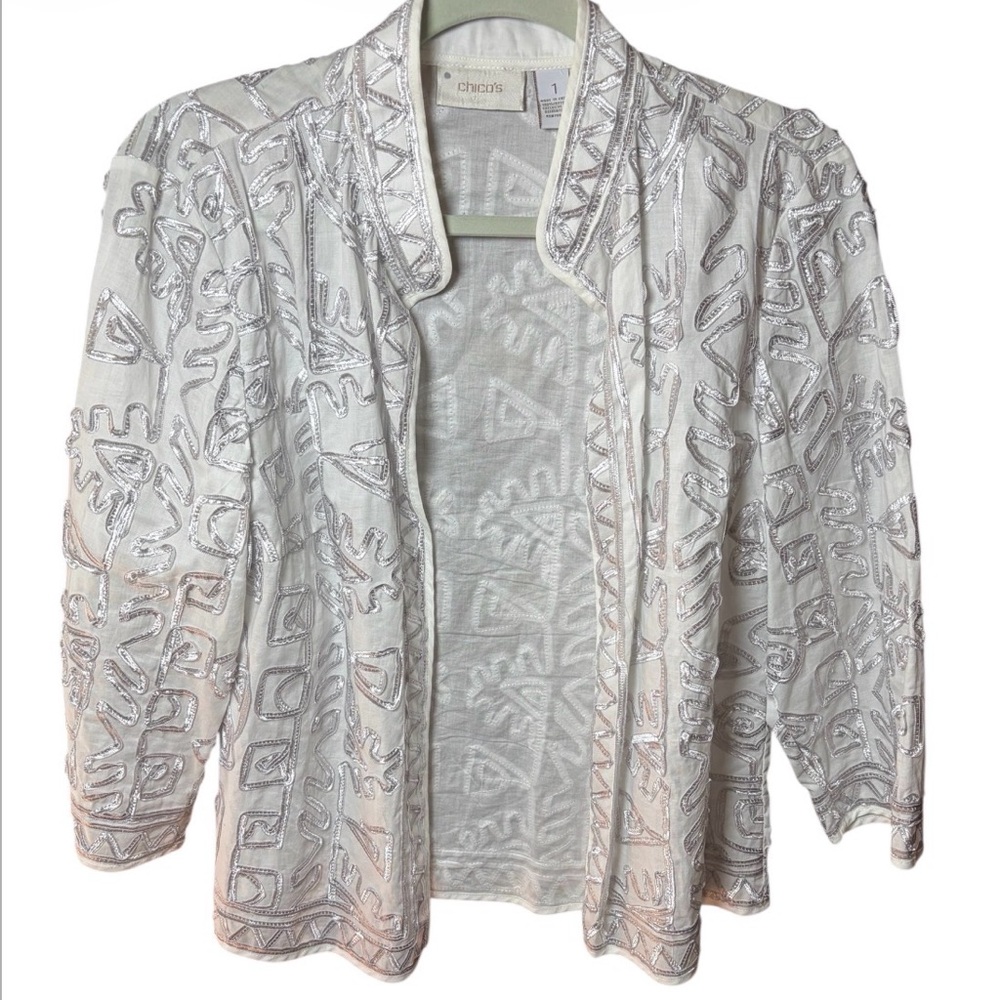 Chico's white Open-Front Embellished Jacket with silver details.